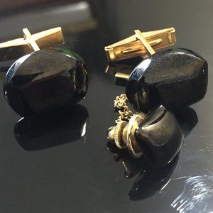 Vintage  Gold Plated  Onyx  Cufflinks & Tie Pin